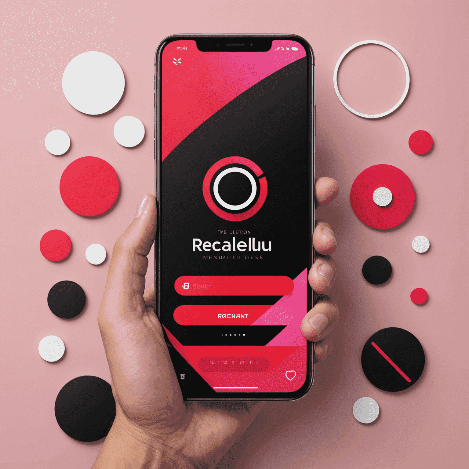 شعار rechallu_com يعرض تصميمًا حديثًا يجمع بين الأحمر والوردي والأسود والأبيض، ويشير إلى حلول واجهة الهاتف