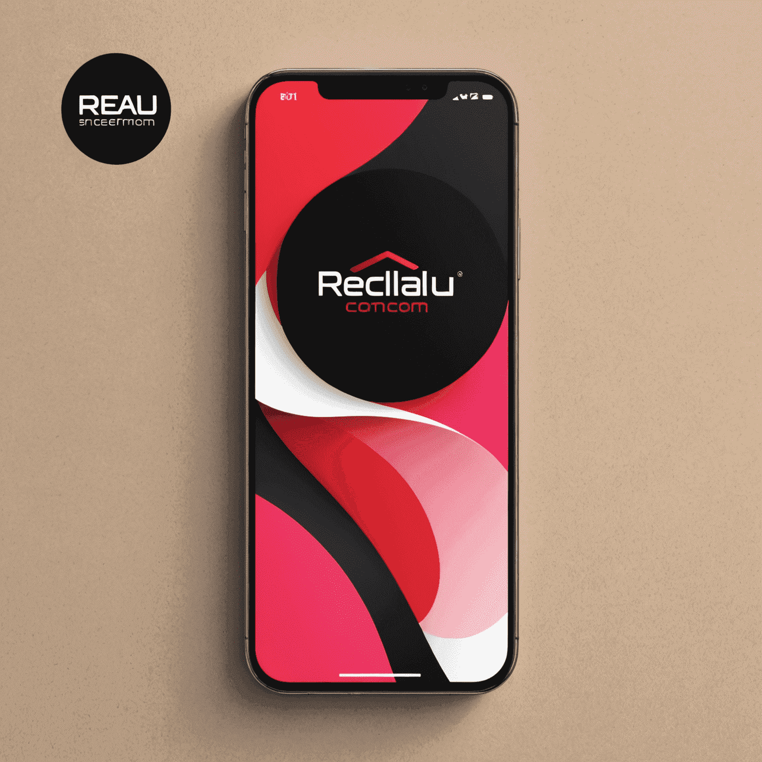 شعار rechallu_com يعرض تصميمًا حديثًا يجمع بين الأحمر والوردي والأسود والأبيض، ويشير إلى حلول واجهة الهاتف