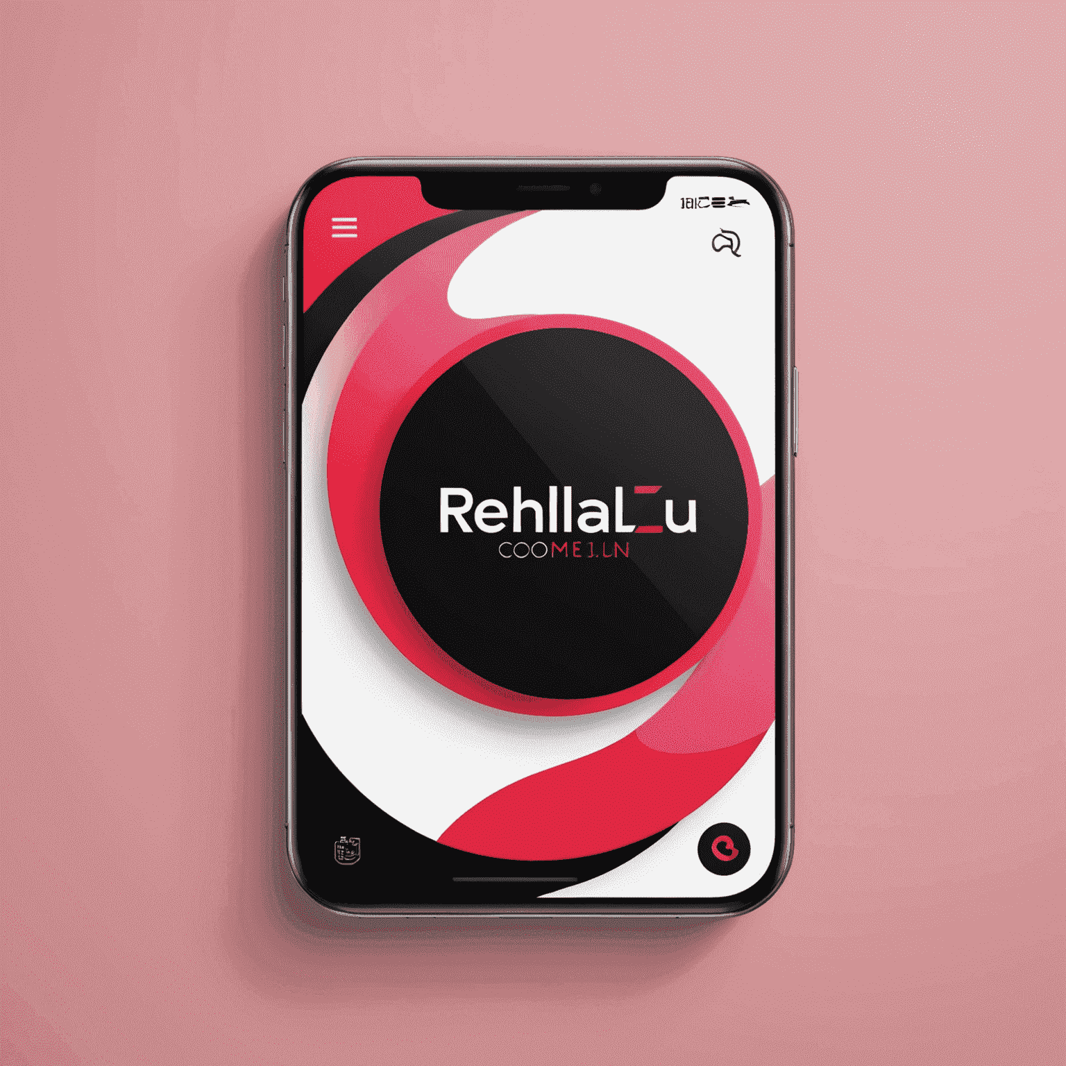 شعار rechallu_com يعرض تصميمًا حديثًا يجمع بين الأحمر والوردي والأسود والأبيض، ويشير إلى حلول واجهة الهاتف