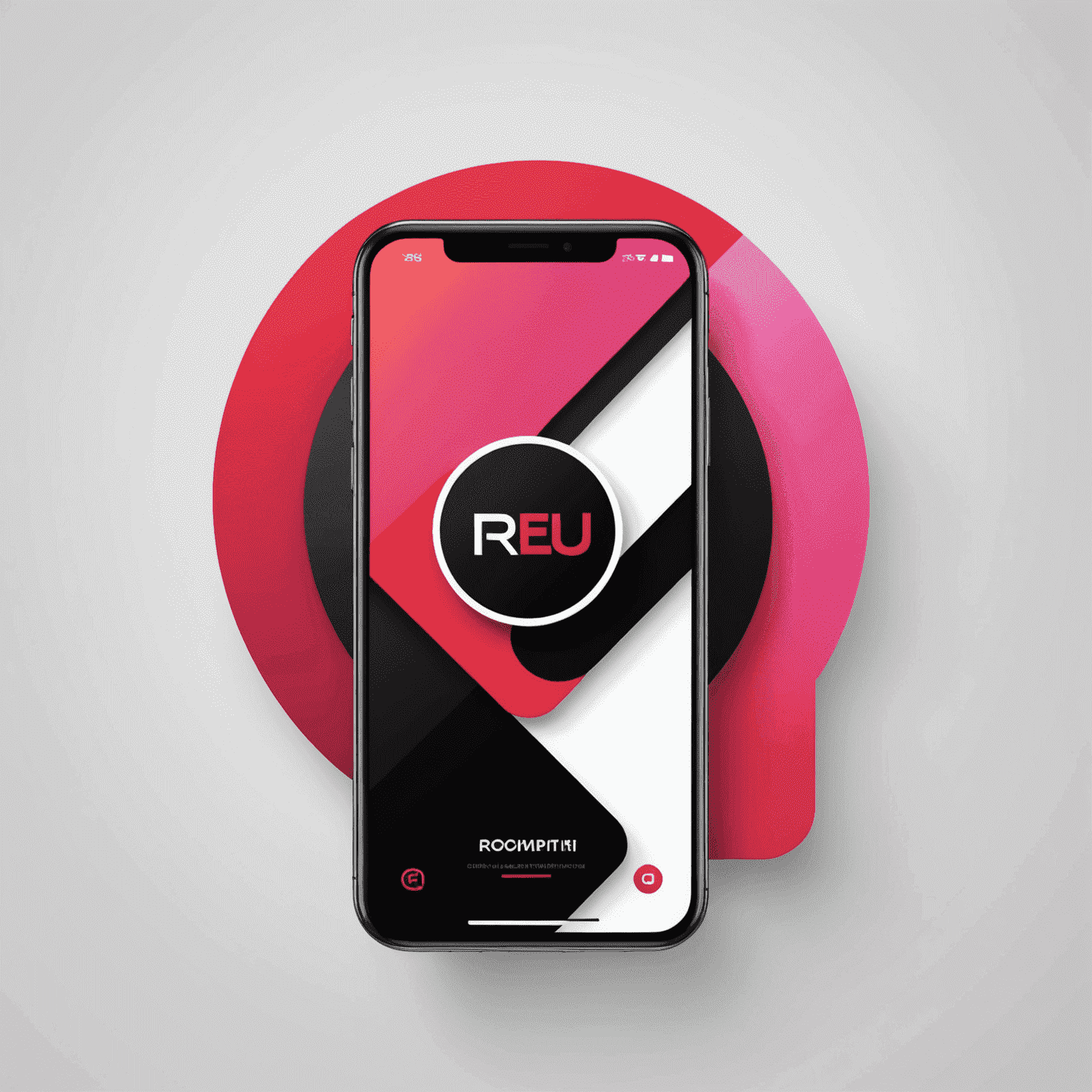شعار rechallu_com يعرض تصميمًا حديثًا يجمع بين الأحمر والوردي والأسود والأبيض، ويشير إلى حلول واجهة الهاتف