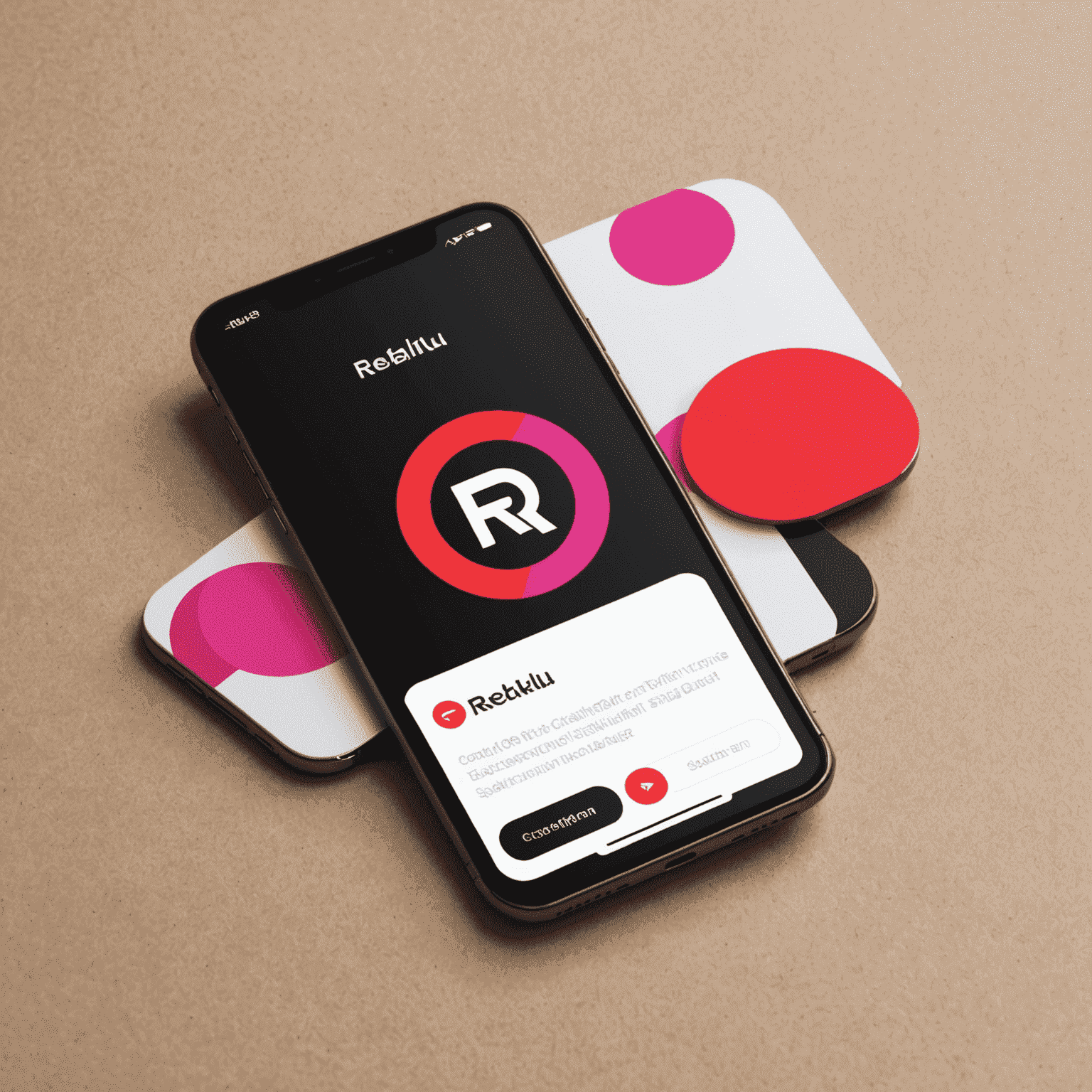 شعار rechallu_com يعرض تصميمًا حديثًا يجمع بين الأحمر والوردي والأسود والأبيض، ويشير إلى حلول واجهة الهاتف