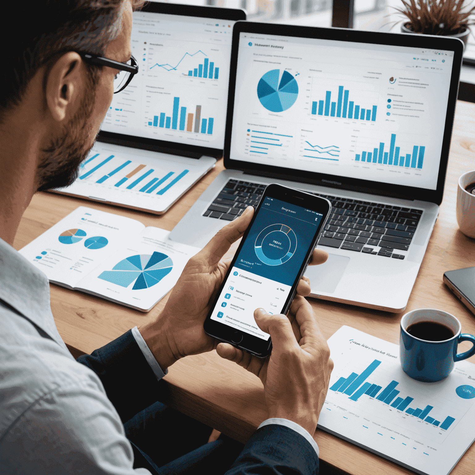 صورة توضيحية لاستشارات واجهة المستخدم وتجربة المستخدم تظهر شخصًا يحلل تصميم واجهة هاتف ذكي مع رسومات بيانية ومخططات انسيابية