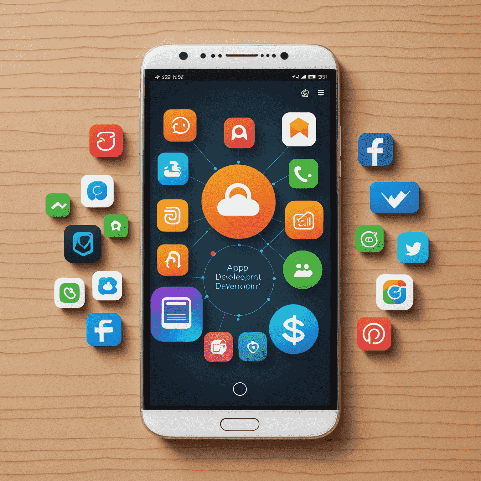 صورة لشاشة هاتف تعرض مراحل تطوير تطبيق مع أيقونات iOS وAndroid