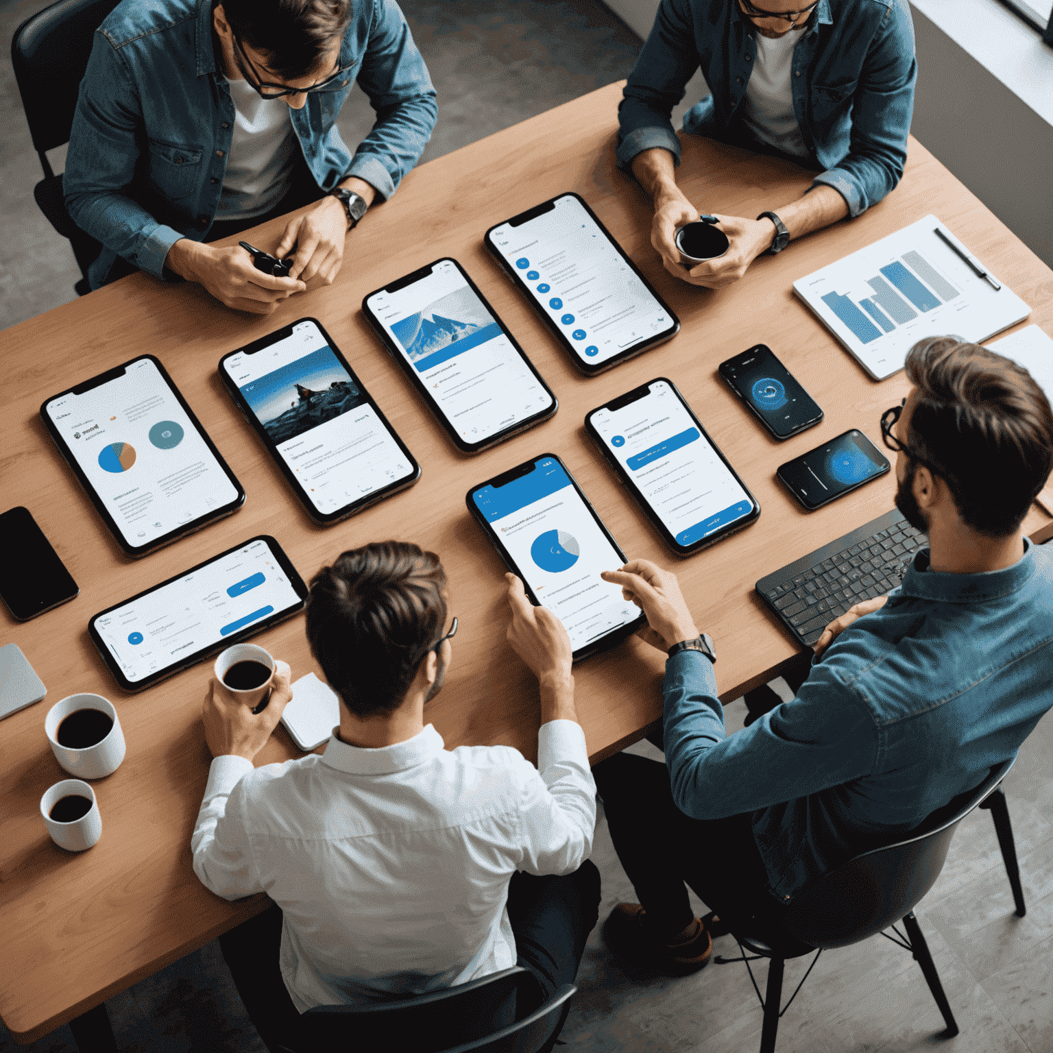 صورة لفريق من خبراء واجهة المستخدم وتجربة المستخدم يعملون على تحسين واجهة هاتف ذكي، مع شاشات عرض متعددة تظهر تصاميم مختلفة